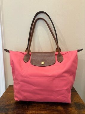 Longchamp Small Le Pliage Nylon Tote Bag - Pink with Brown Trim
